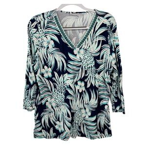 Belle by Kim Gravel Tunic Large Navy Turquoise Tropical Pineapple Excellent